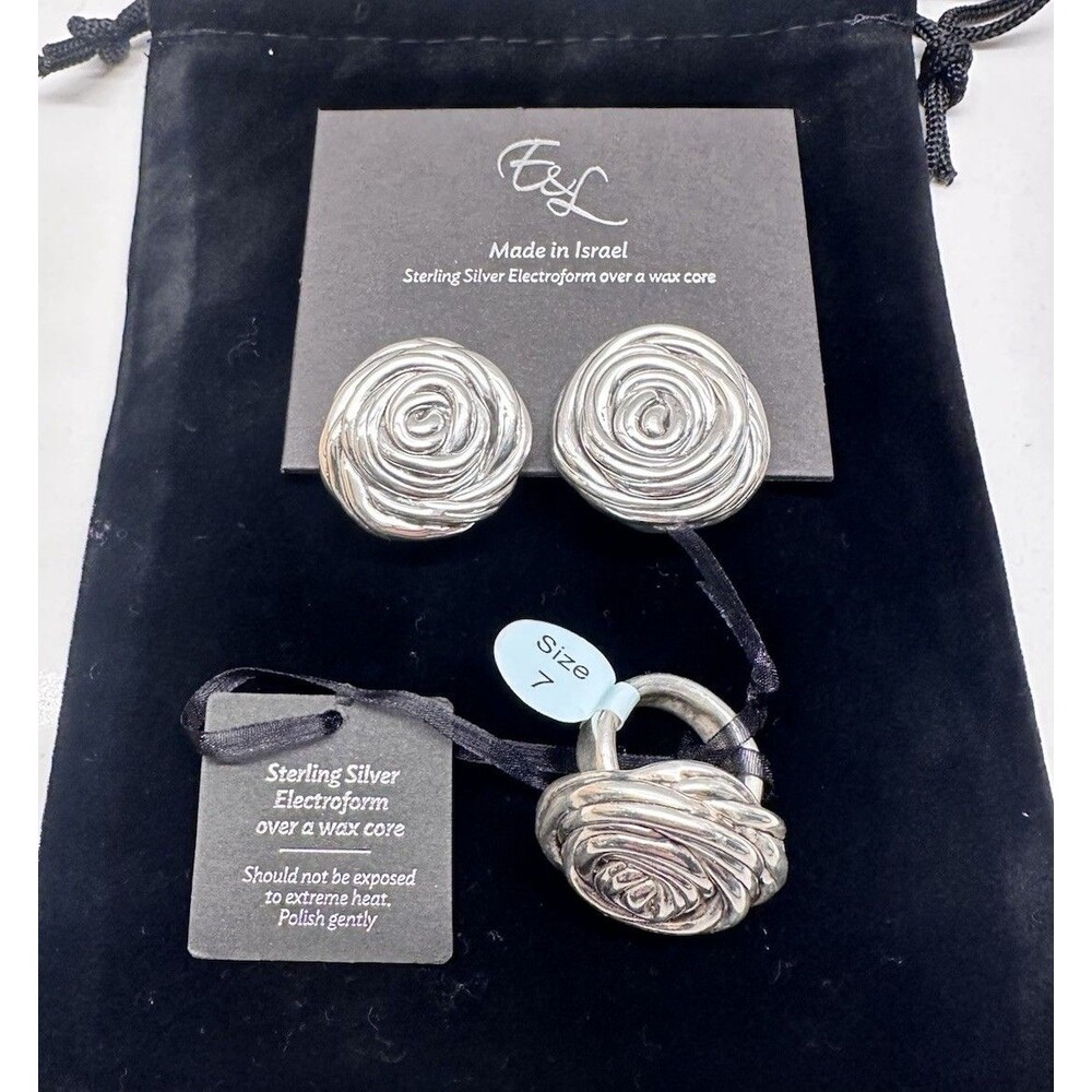 NEW E&L Israel Sterling Silver Electroform Braided Rose Earrings & Ring Set